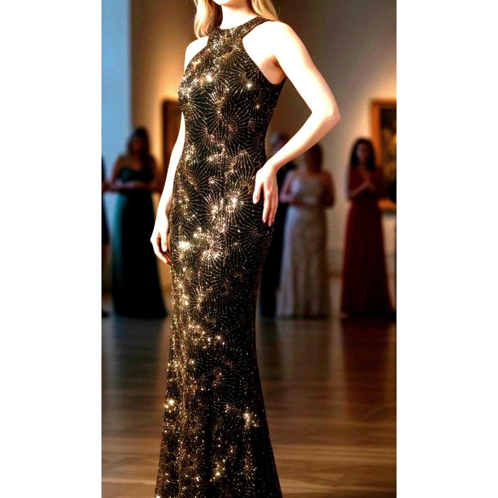 VTG 90s Metallic Prom Dress Maxi Gown Mermaid Halter Glitter Starburst Fairy 4